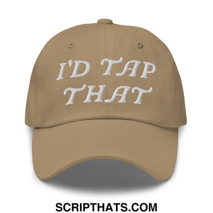 Tan unstructured golf dad hat with white embroidered text reading idd tap that on the front