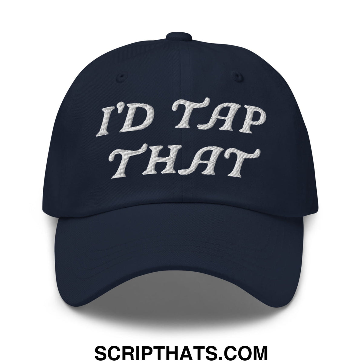 Navy blue unstructured golf dad hat with white embroidered i’d tap that script front for casual outdoor wear