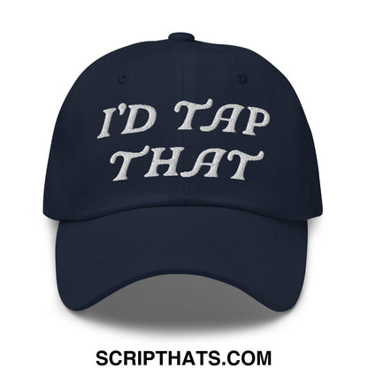 Navy blue unstructured golf dad hat with white embroidered i’d tap that script front for casual outdoor wear