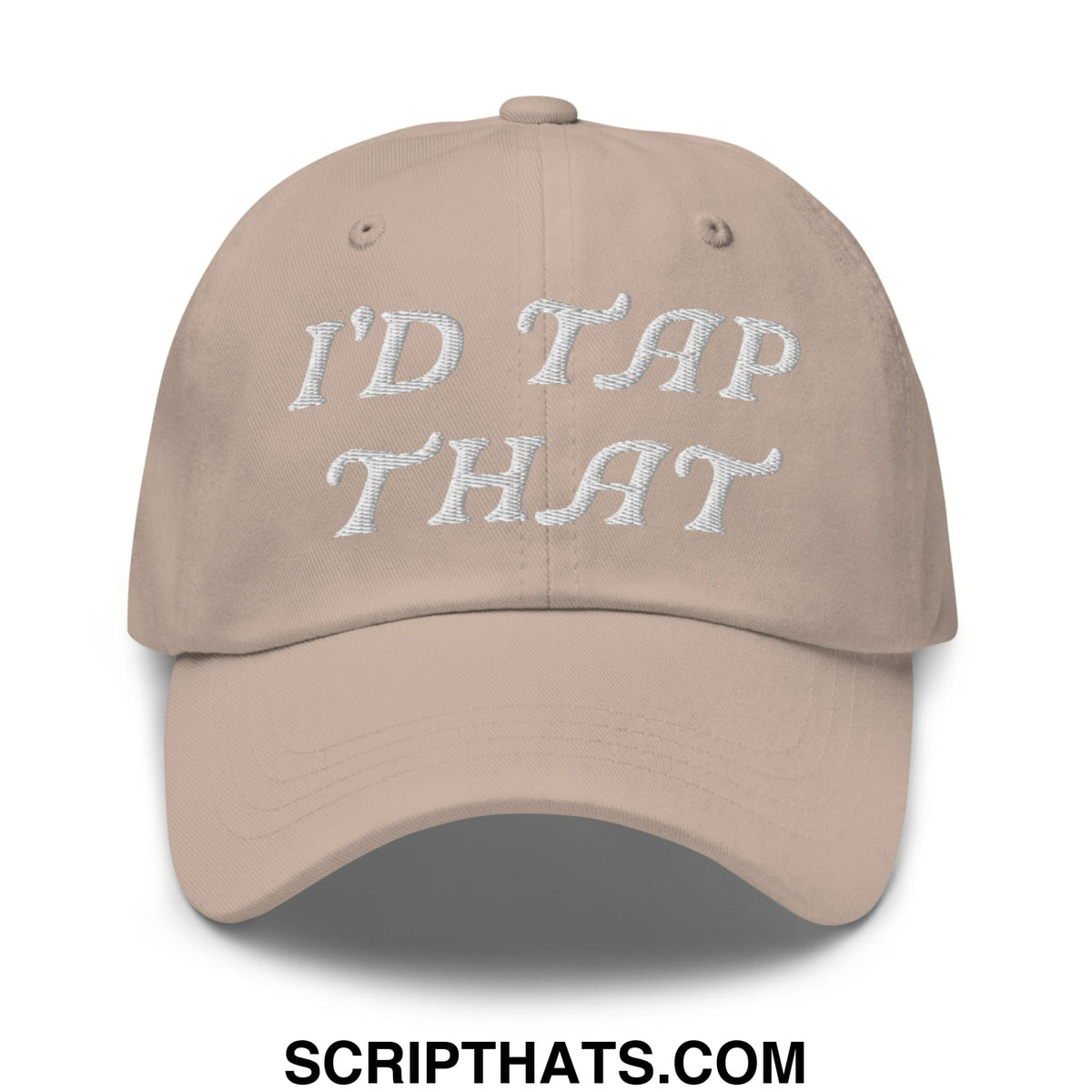 Beige embroidered unstructured golf dad hat with white script reading I’d tap that for casual outdoor wear