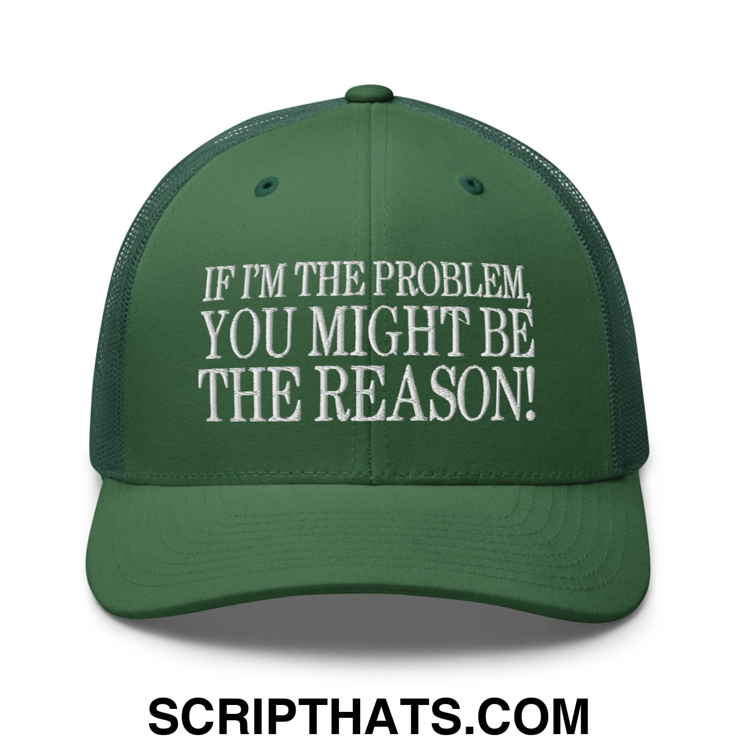 If I'm The Problem, You Might Be The Reason! Embroidered Mesh Trucker Hat Evergreen