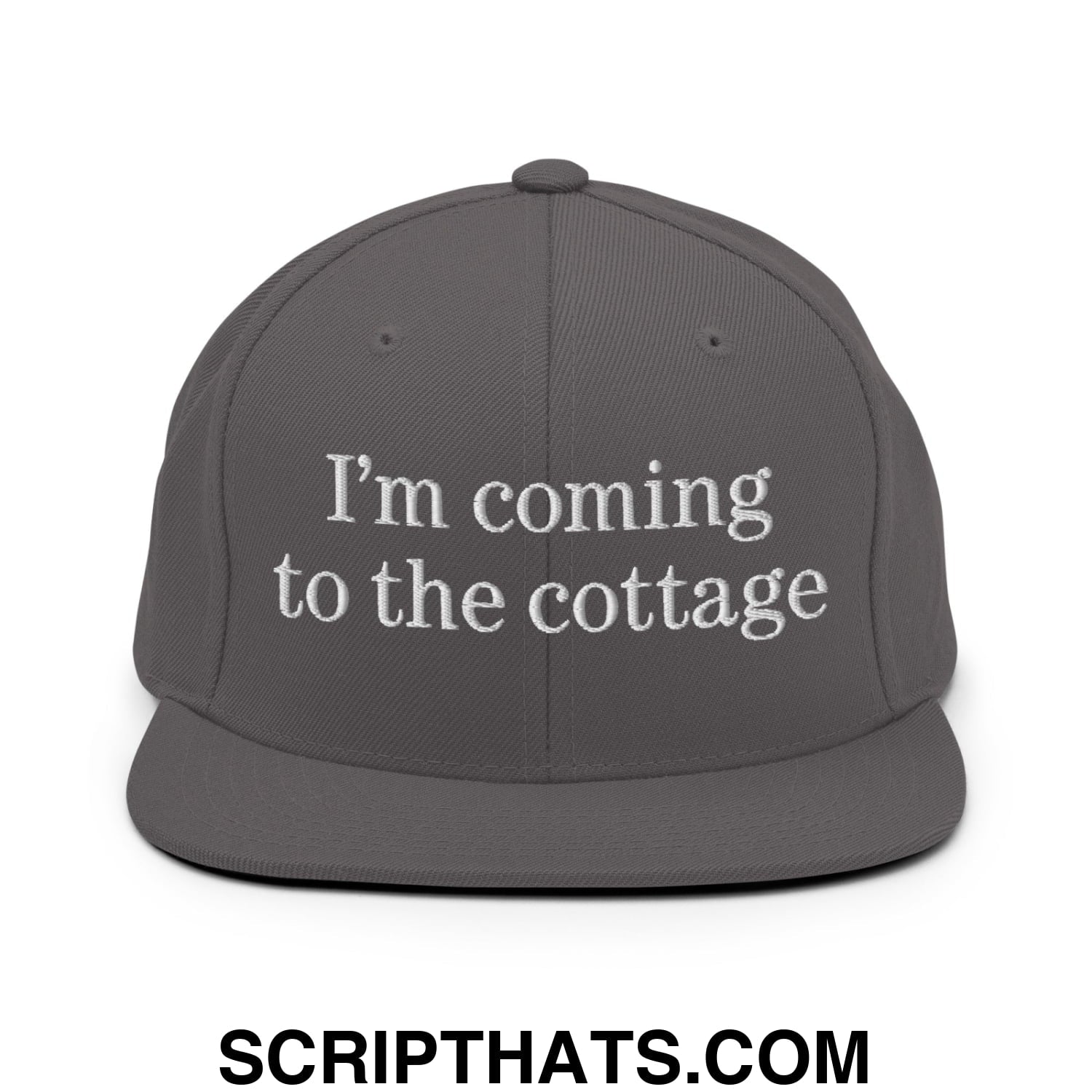 I'm Coming to the Cottage Embroidered Flat Bill Brim Snapback Hat Dark Grey