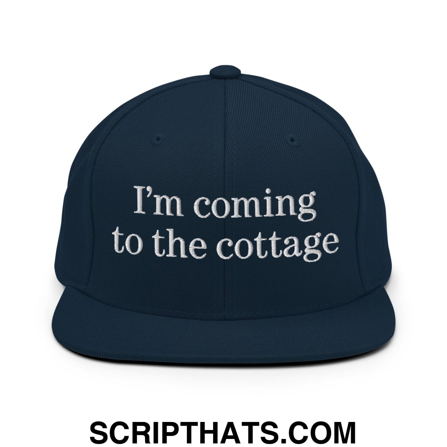 I'm Coming to the Cottage Embroidered Flat Bill Brim Snapback Hat Dark Navy