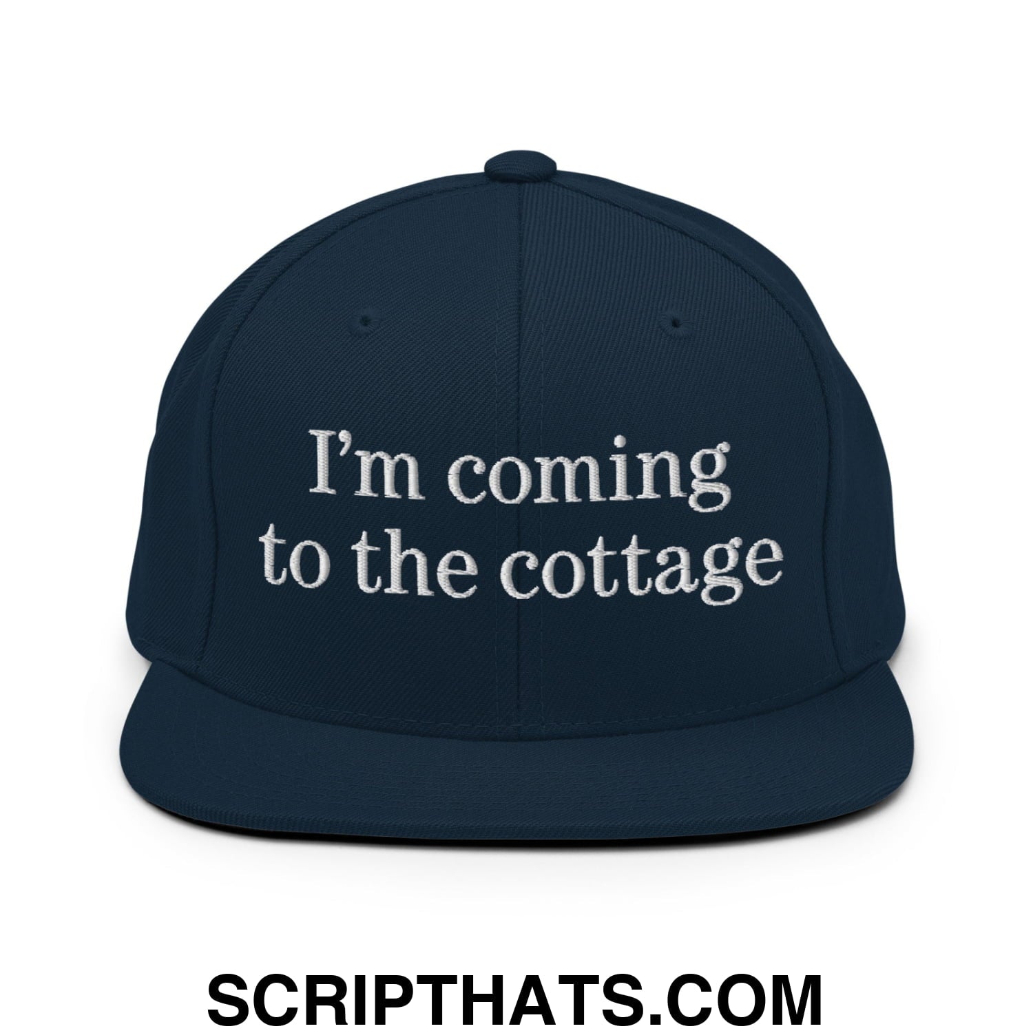 I'm Coming to the Cottage Embroidered Flat Bill Brim Snapback Hat Dark Navy