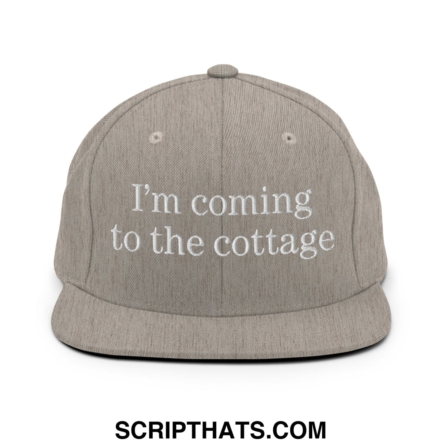 Gray flat bill snapback hat with white embroidered text im coming to the cottage perfect for casual outdoor wear
