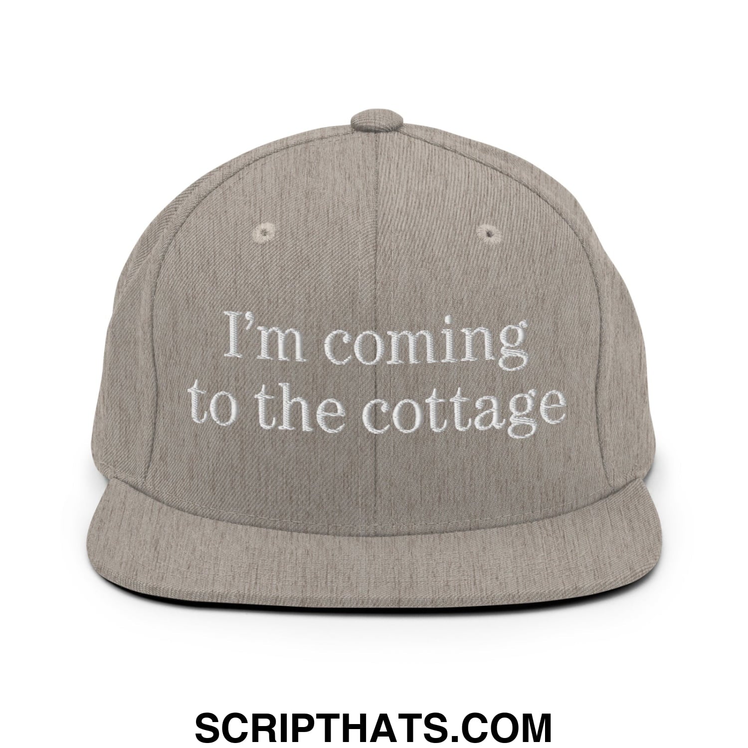 Gray flat bill snapback hat with white embroidered text im coming to the cottage perfect for casual outdoor wear