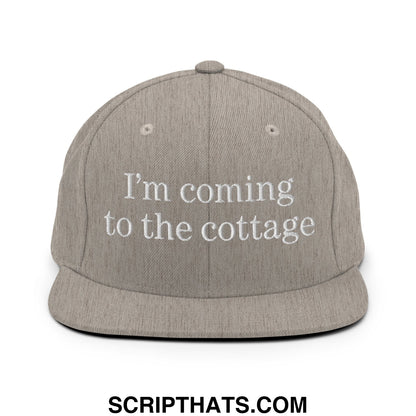 Gray flat bill snapback hat with white embroidered text im coming to the cottage perfect for casual outdoor wear