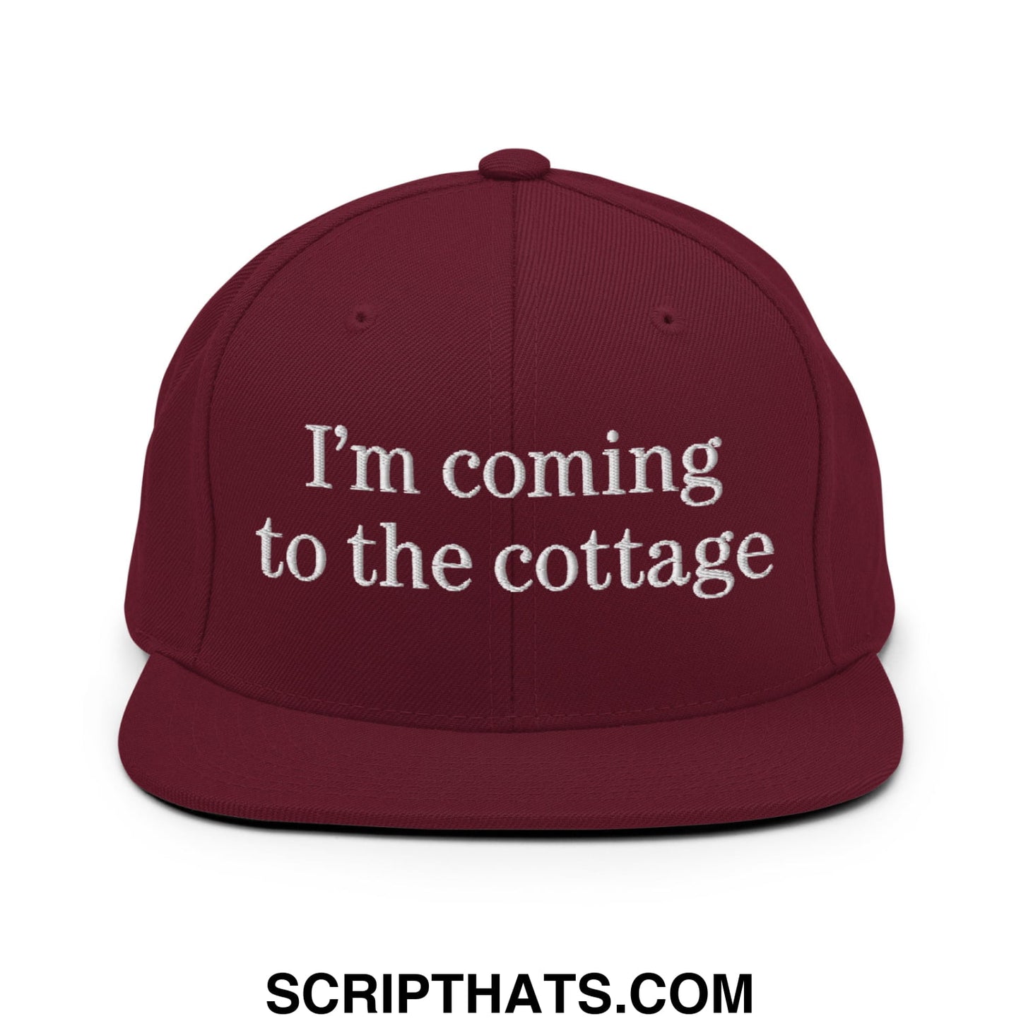 Maroon flat bill brim snapback hat with white embroidered text im coming to the cottage for casual outdoor wear