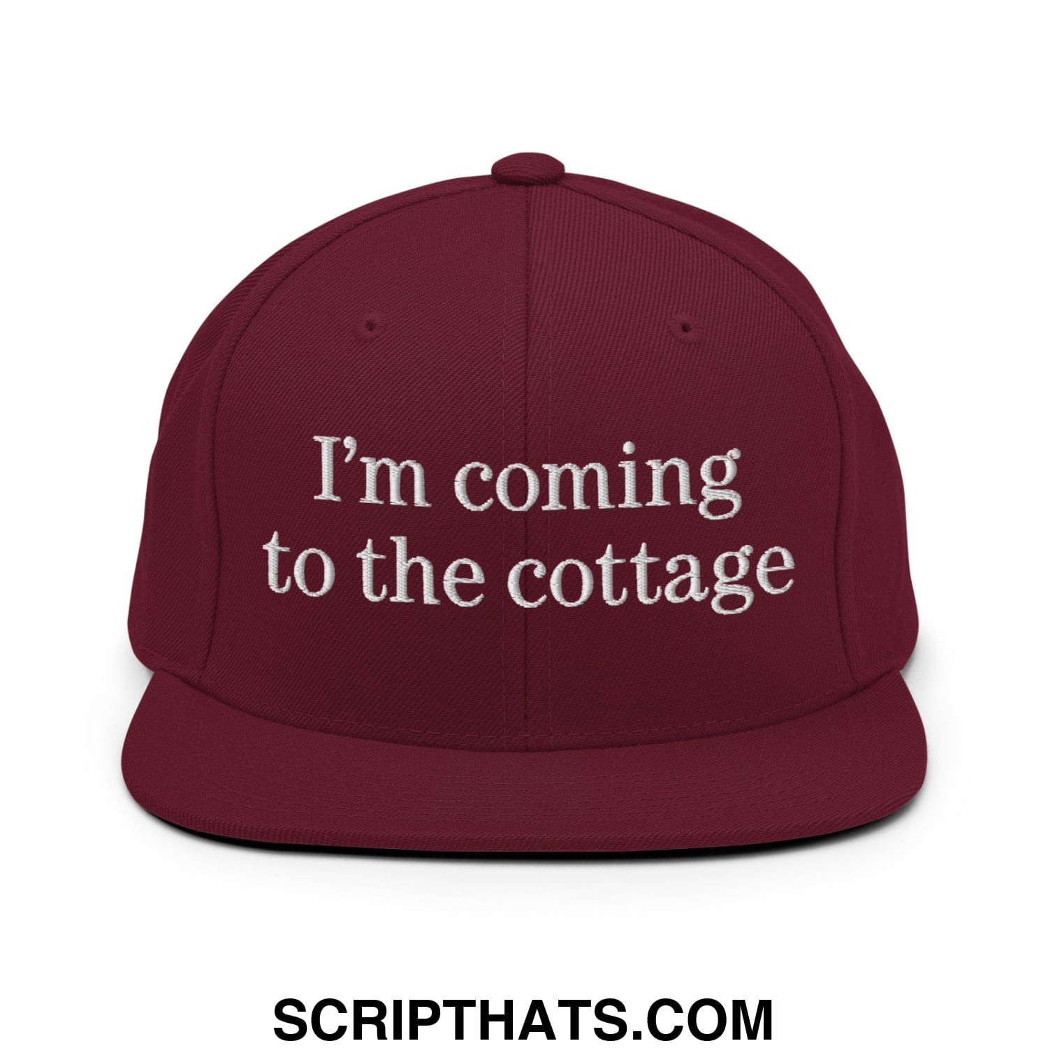 Maroon flat bill brim snapback hat with white embroidered text im coming to the cottage for casual outdoor wear