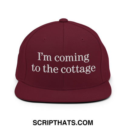 Maroon flat bill brim snapback hat with white embroidered text im coming to the cottage for casual outdoor wear
