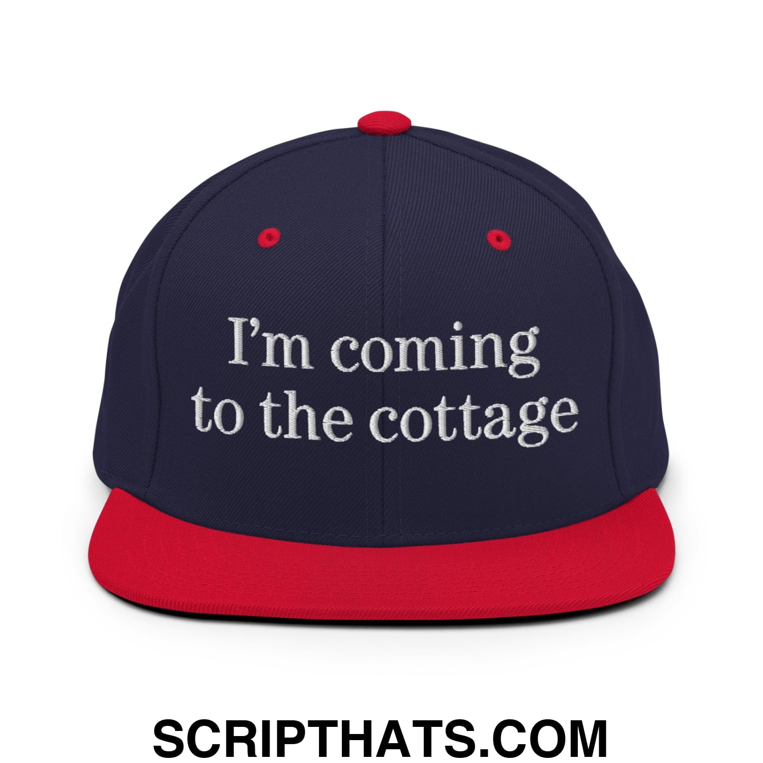 I'm Coming to the Cottage Embroidered Flat Bill Brim Snapback Hat Navy Red
