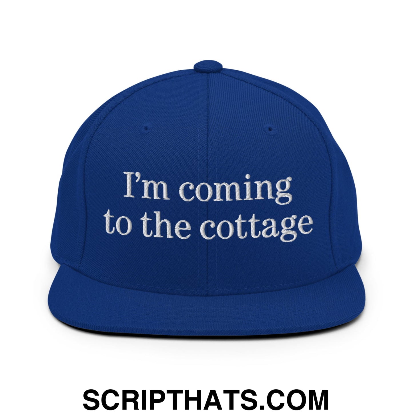 I'm Coming to the Cottage Embroidered Flat Bill Brim Snapback Hat Royal Blue