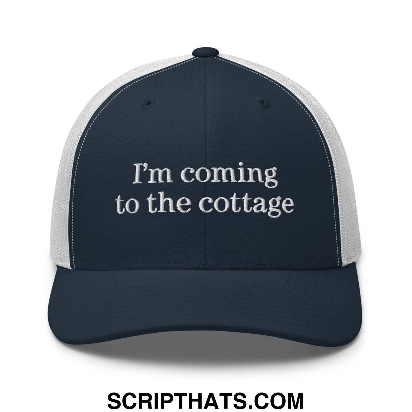 Navy blue and white embroidered mesh trucker hat with text im coming to the cottage for casual outdoor wear