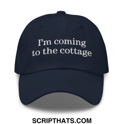 Navy blue unstructured dad hat with white embroidered text i’m coming to the cottage for casual outdoor wear
