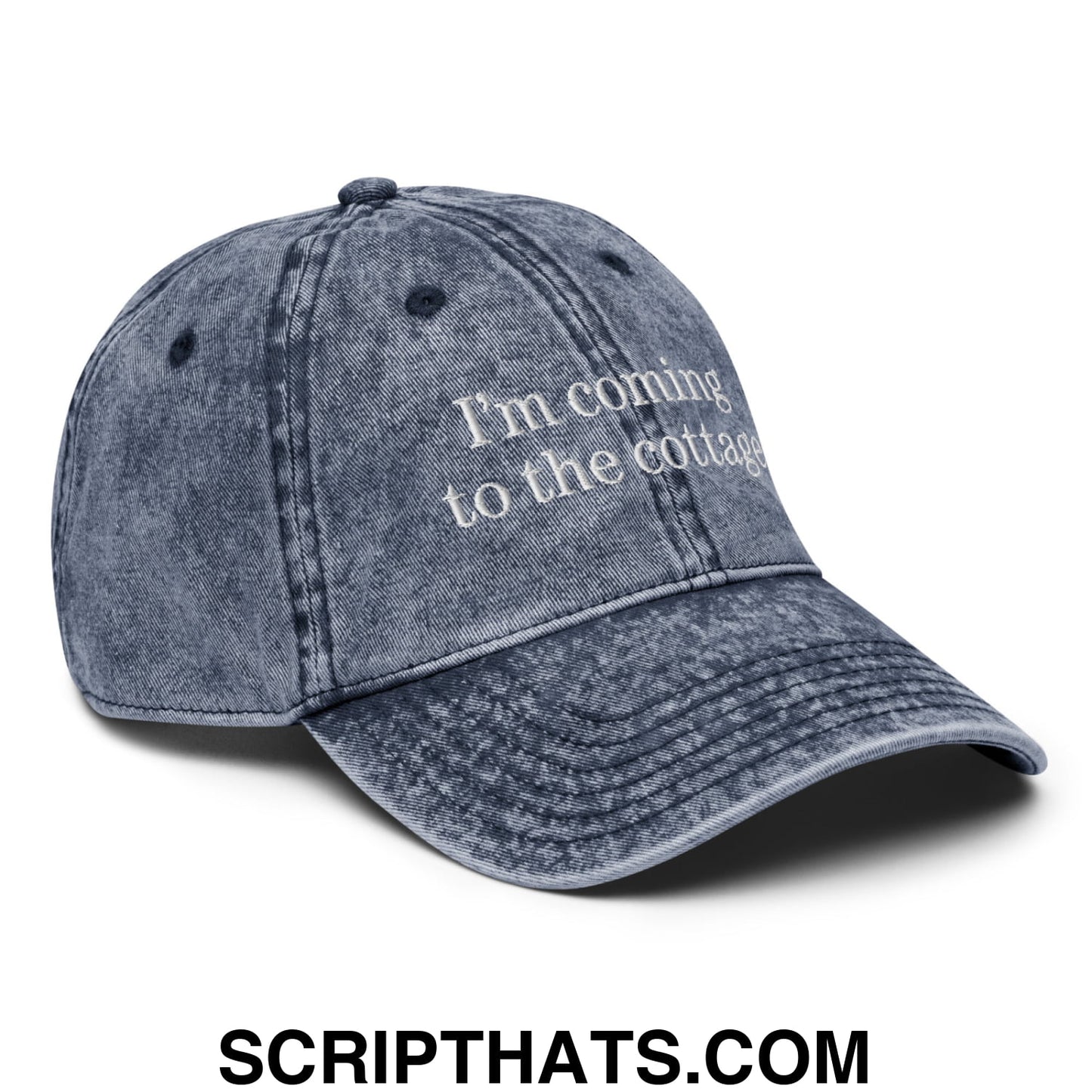 I'm Coming to the Cottage Embroidered Unstructured Denim Dad Hat Navy