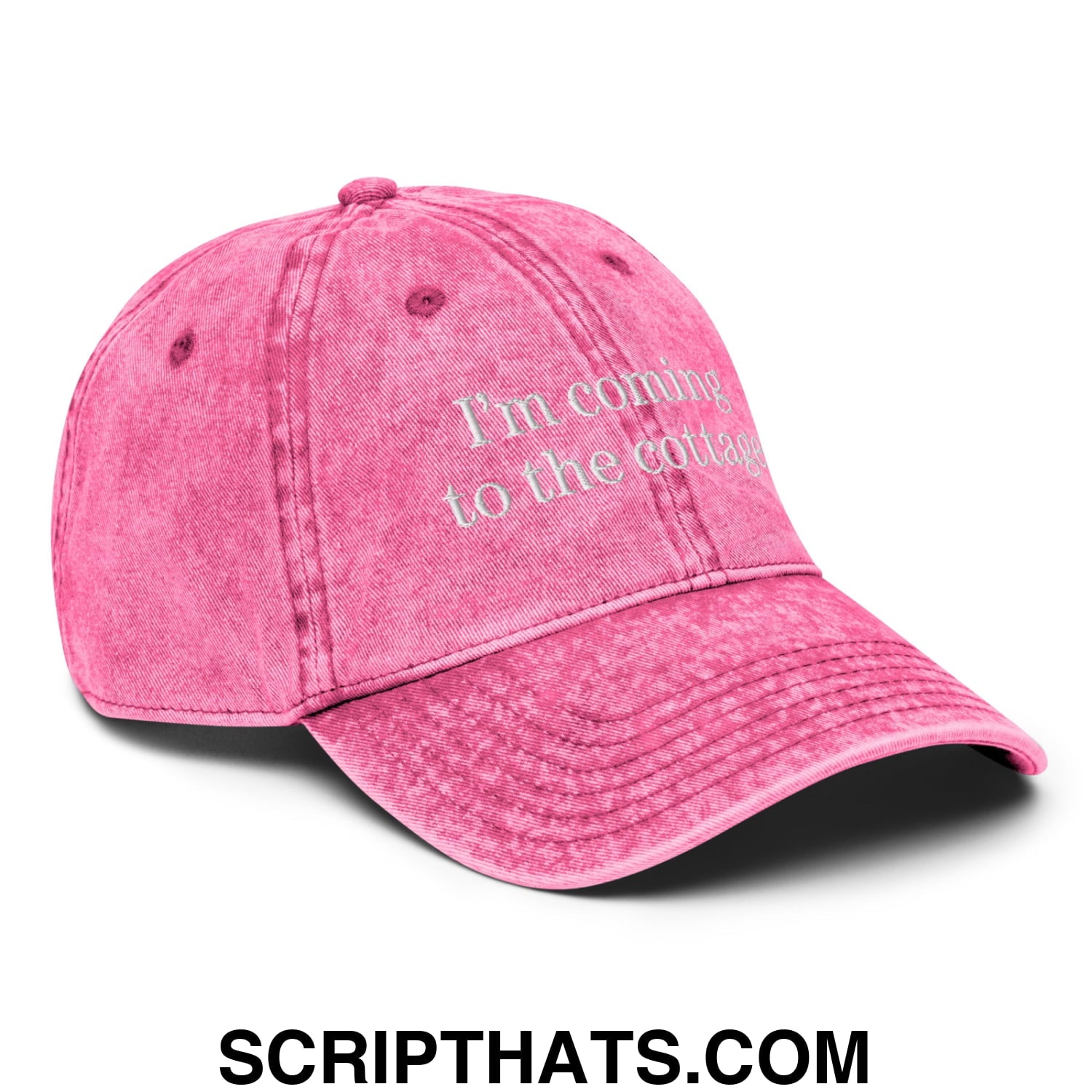 I'm Coming to the Cottage Embroidered Unstructured Denim Dad Hat Pink