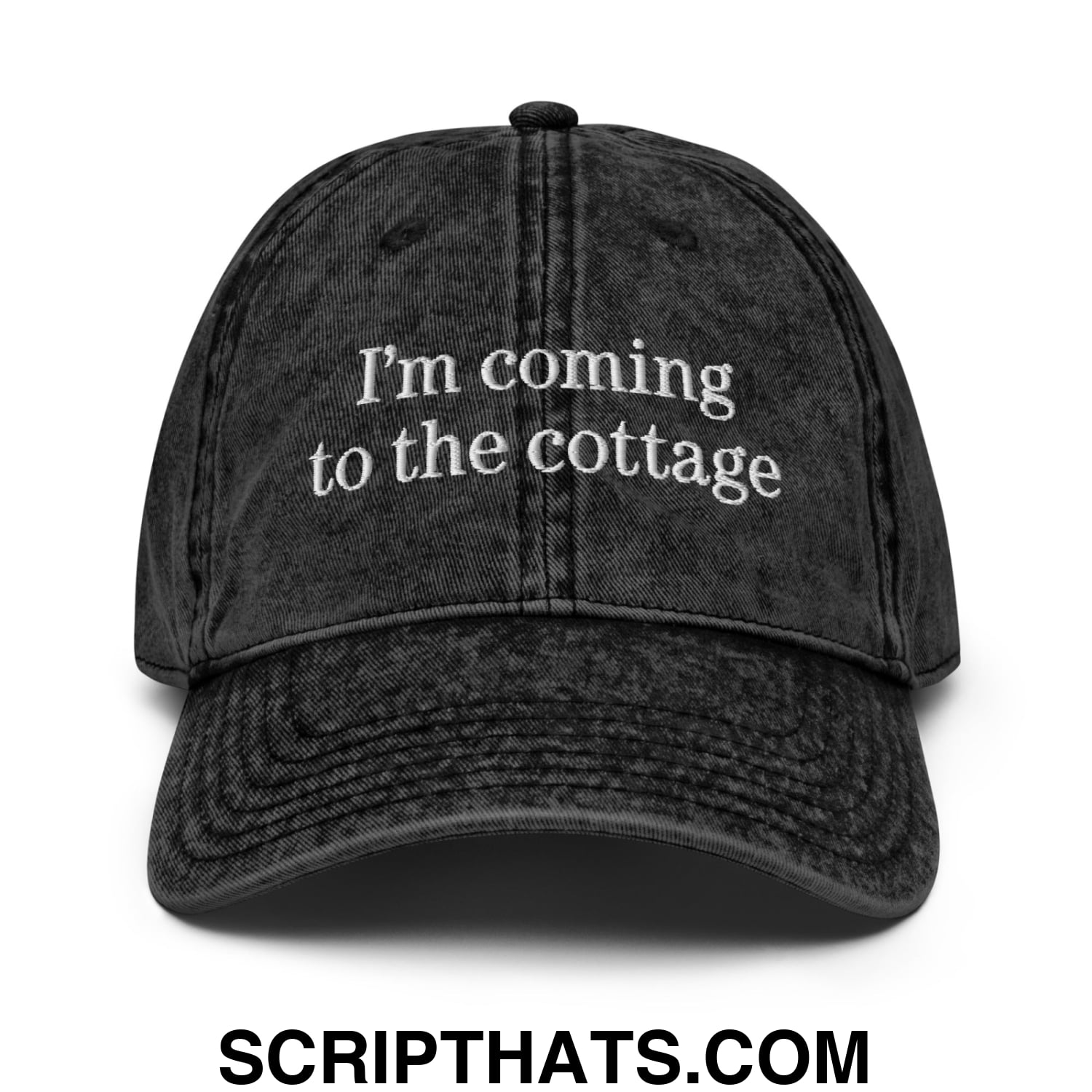 I'm Coming to the Cottage Embroidered Unstructured Denim Dad Hat Black