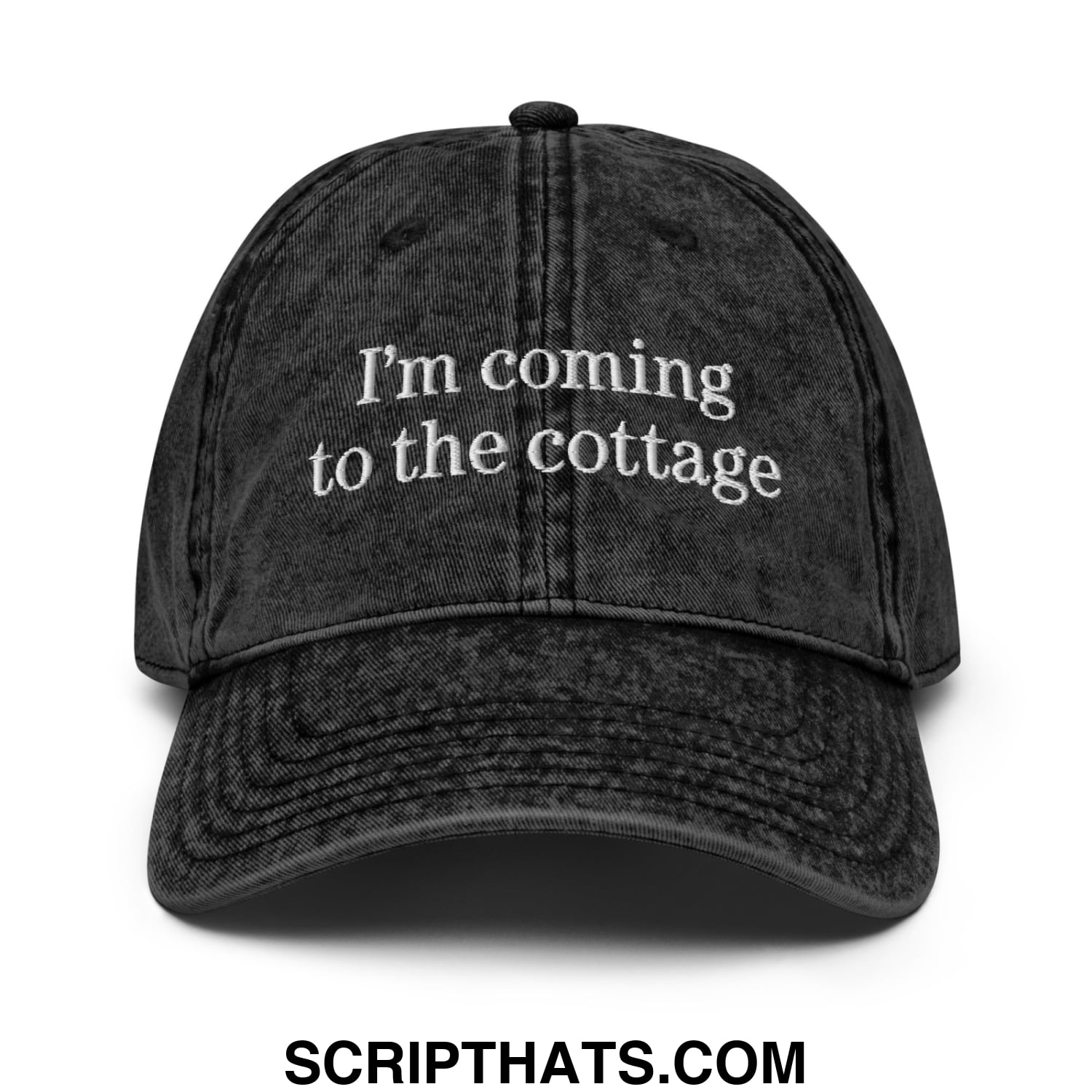 Black distressed denim dad hat with white embroidered text i am coming to the cottage unstructured design