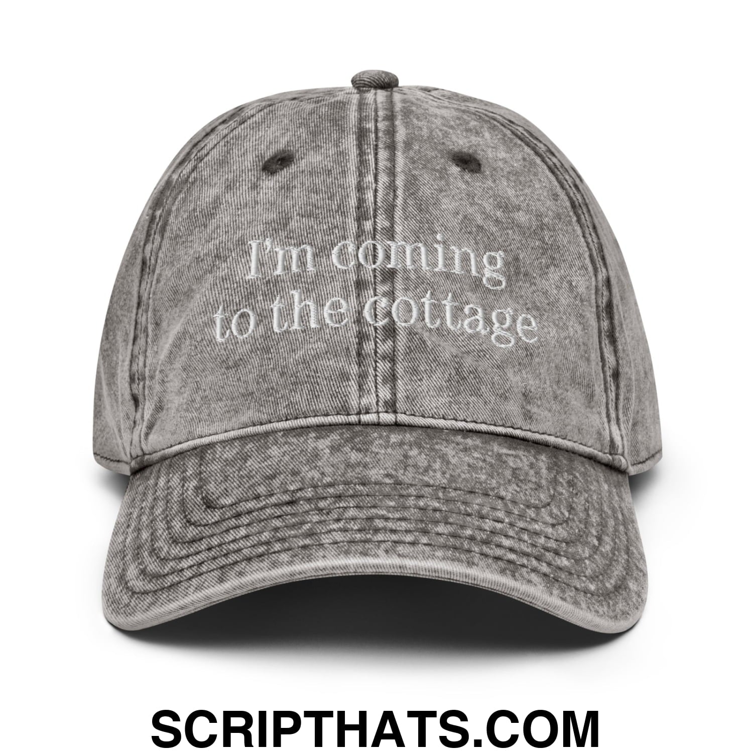 I'm Coming to the Cottage Embroidered Unstructured Denim Dad Hat Charcoal Grey