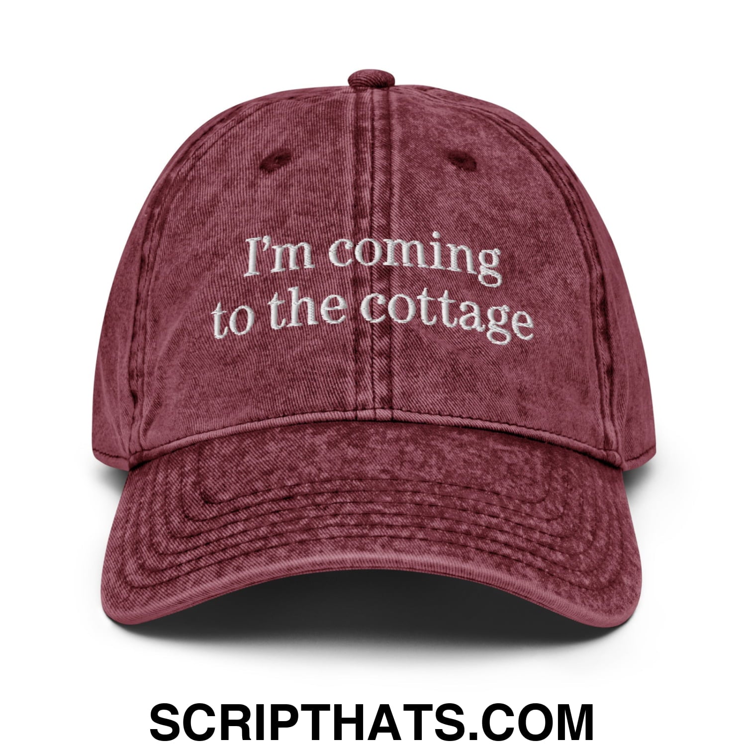 I'm Coming to the Cottage Embroidered Unstructured Denim Dad Hat Maroon