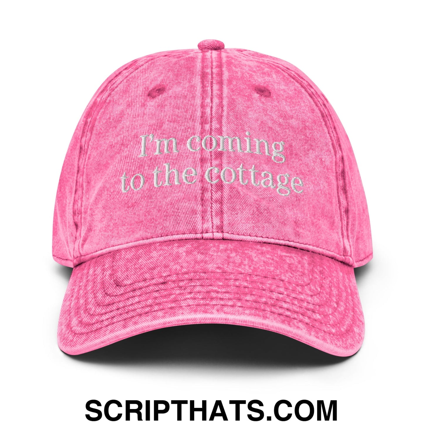 I'm Coming to the Cottage Embroidered Unstructured Denim Dad Hat Pink