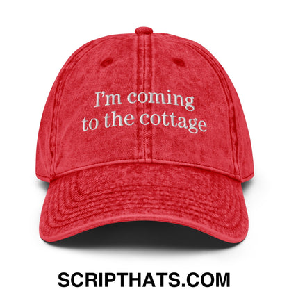 I'm Coming to the Cottage Embroidered Unstructured Denim Dad Hat Red
