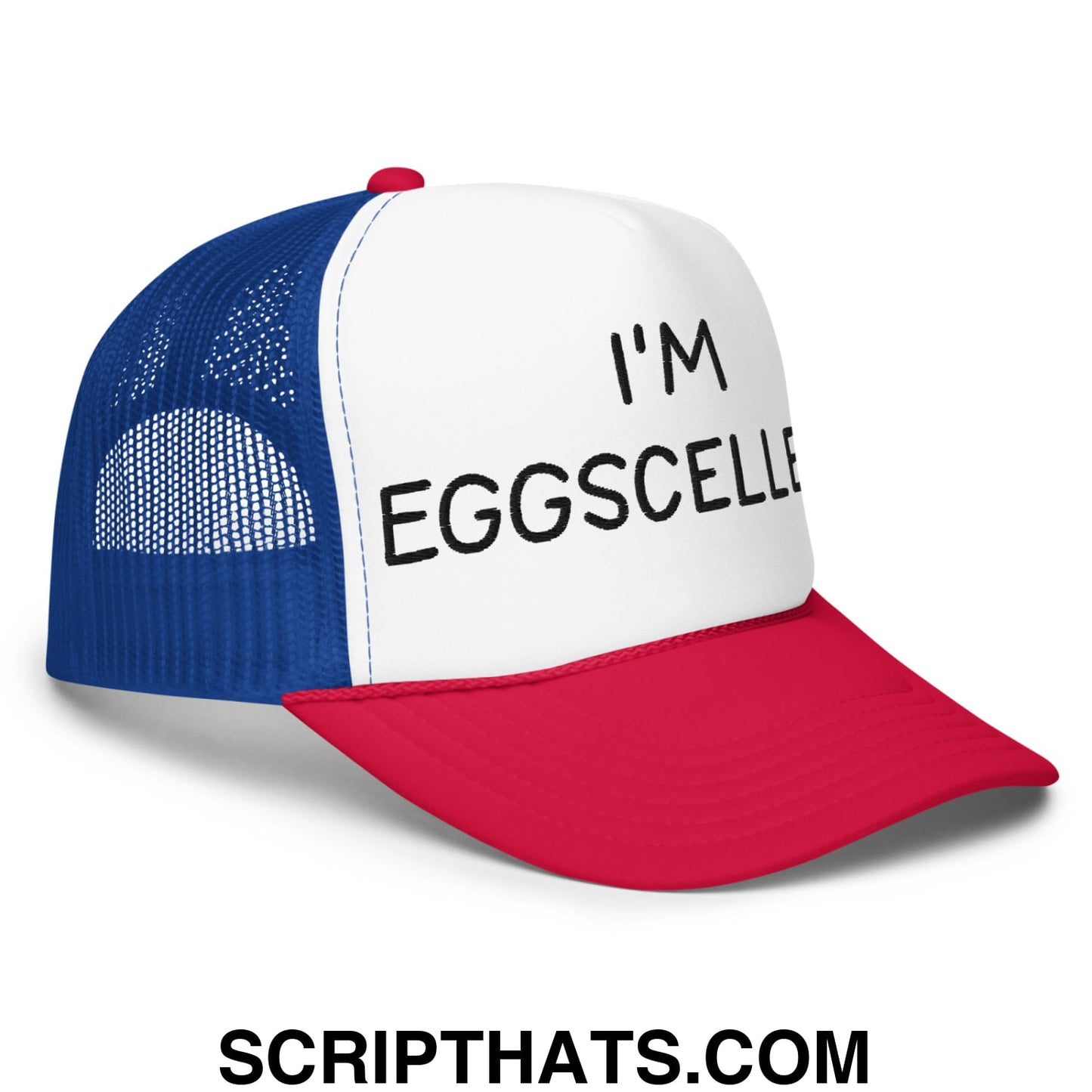 I'm Eggscellent Regular Show Embroidered Foam Trucker Hat White Royal Red