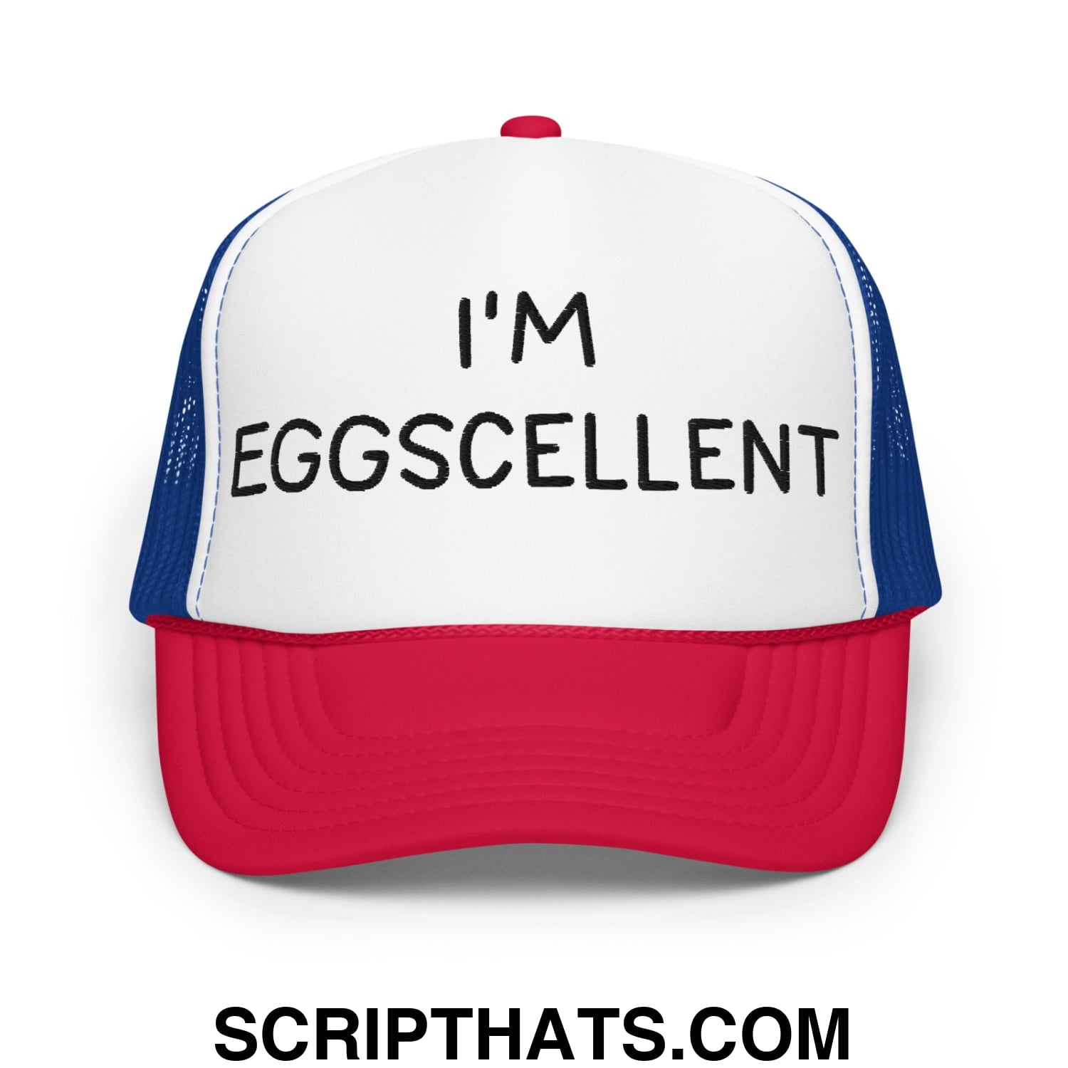 I'm Eggscellent Regular Show Embroidered Foam Trucker Hat White Royal Red