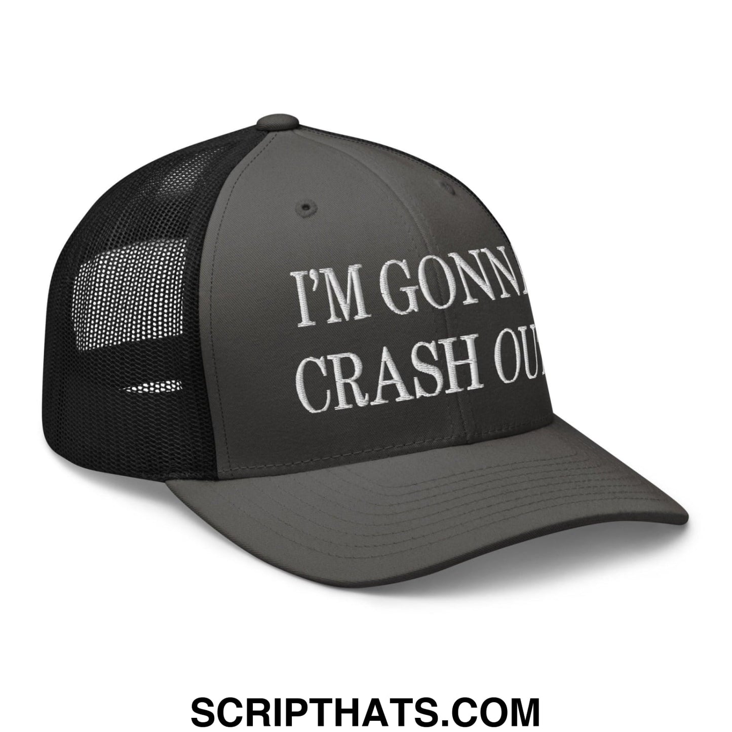 I'm Gonna Crash Out Embroidered Mesh Trucker Hat Charcoal Black