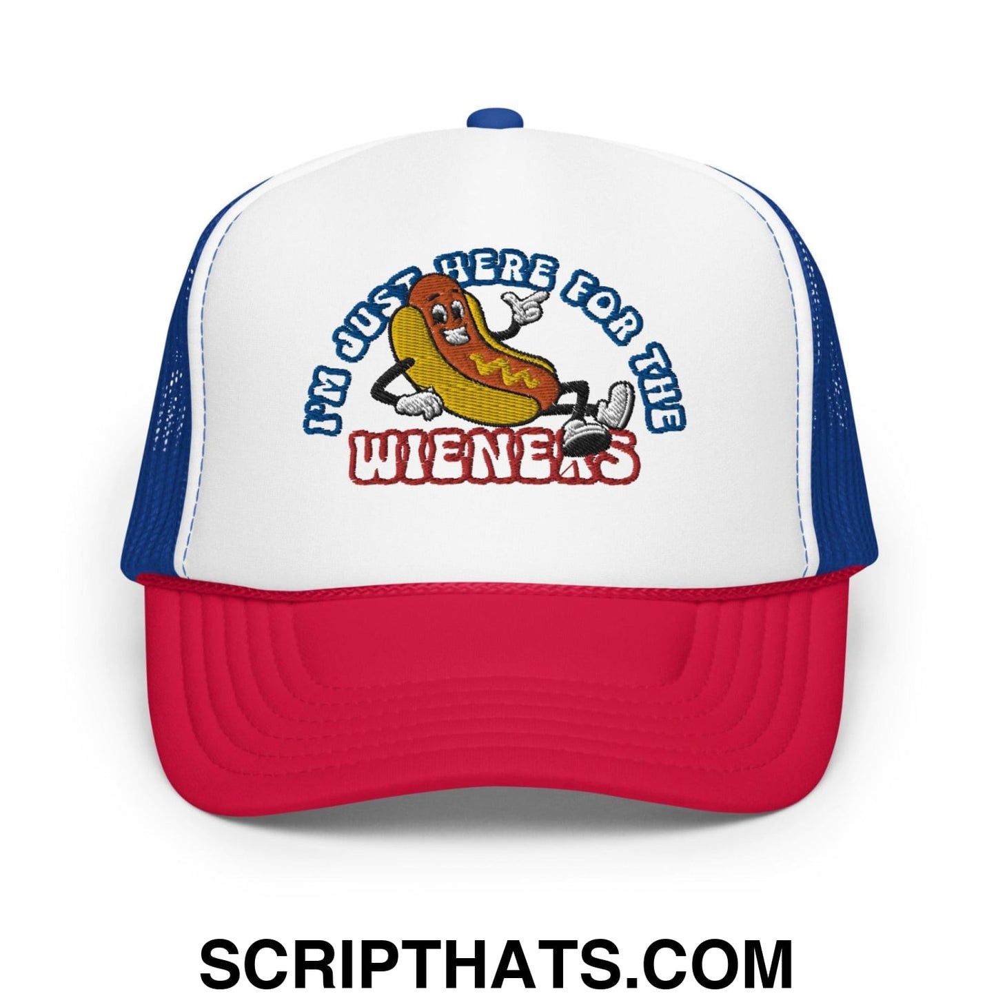 I'm Just Here for the Wieners 4th of July Funny Foam Trucker Hat Red White Blue