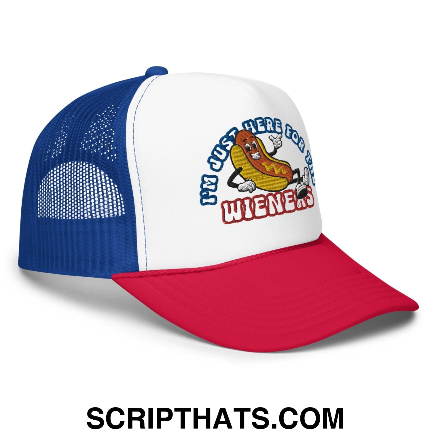 I'm Just Here for the Wieners 4th of July Funny Foam Trucker Hat Red White Blue