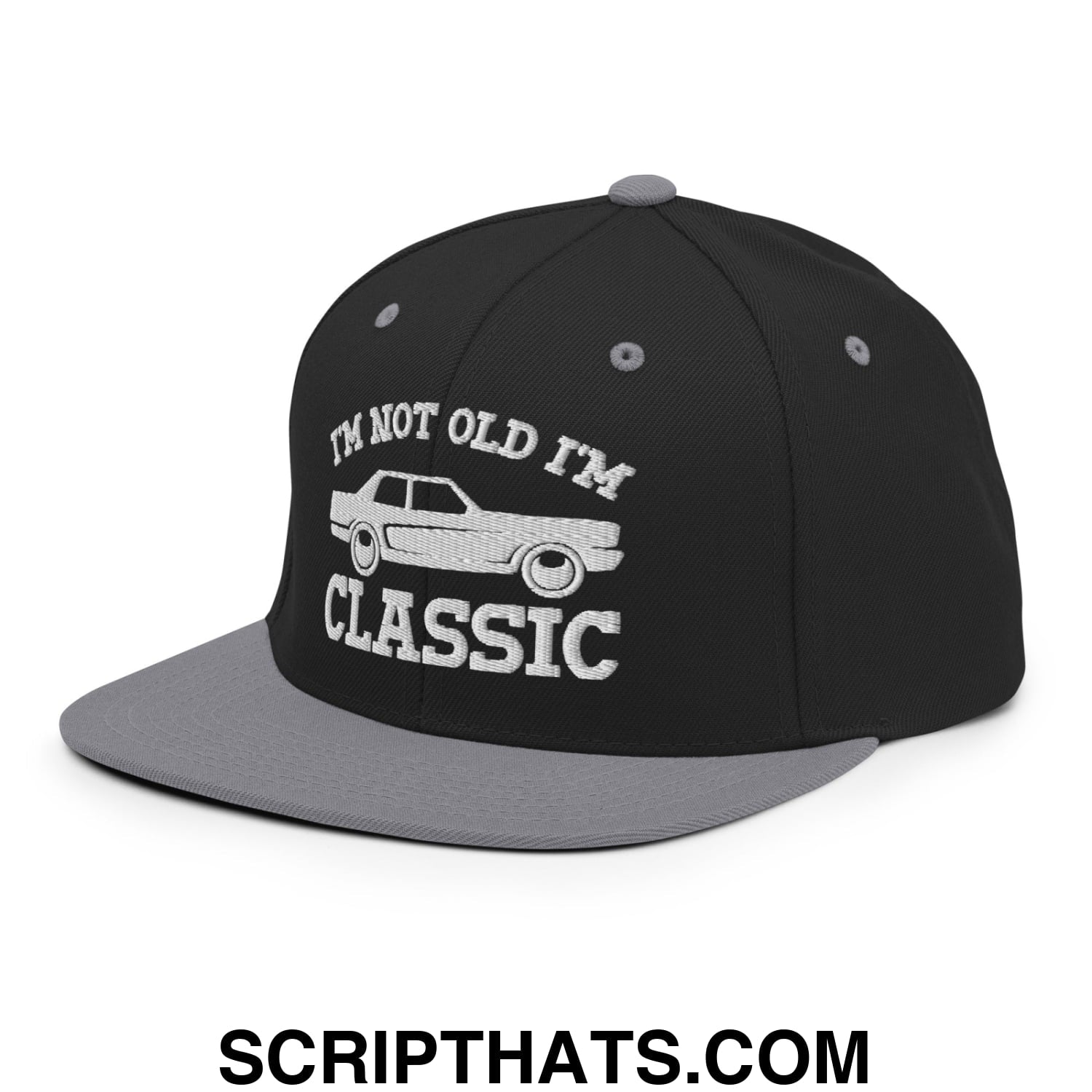 I'm Not Old I'm Classic Embroidered Flat Bill Brim Snapback Hat Black Silver
