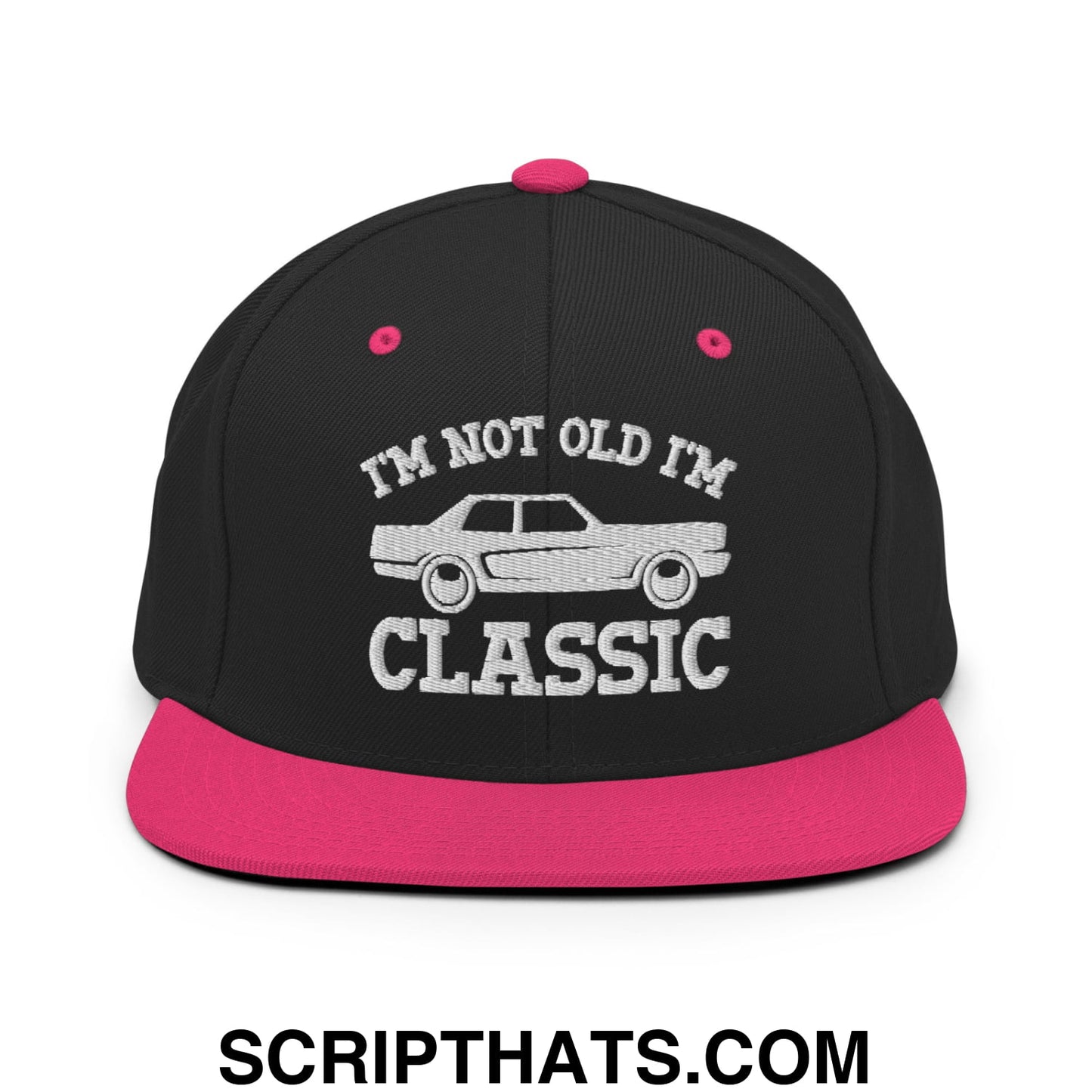 I'm Not Old I'm Classic Embroidered Flat Bill Brim Snapback Hat Black Neon Pink