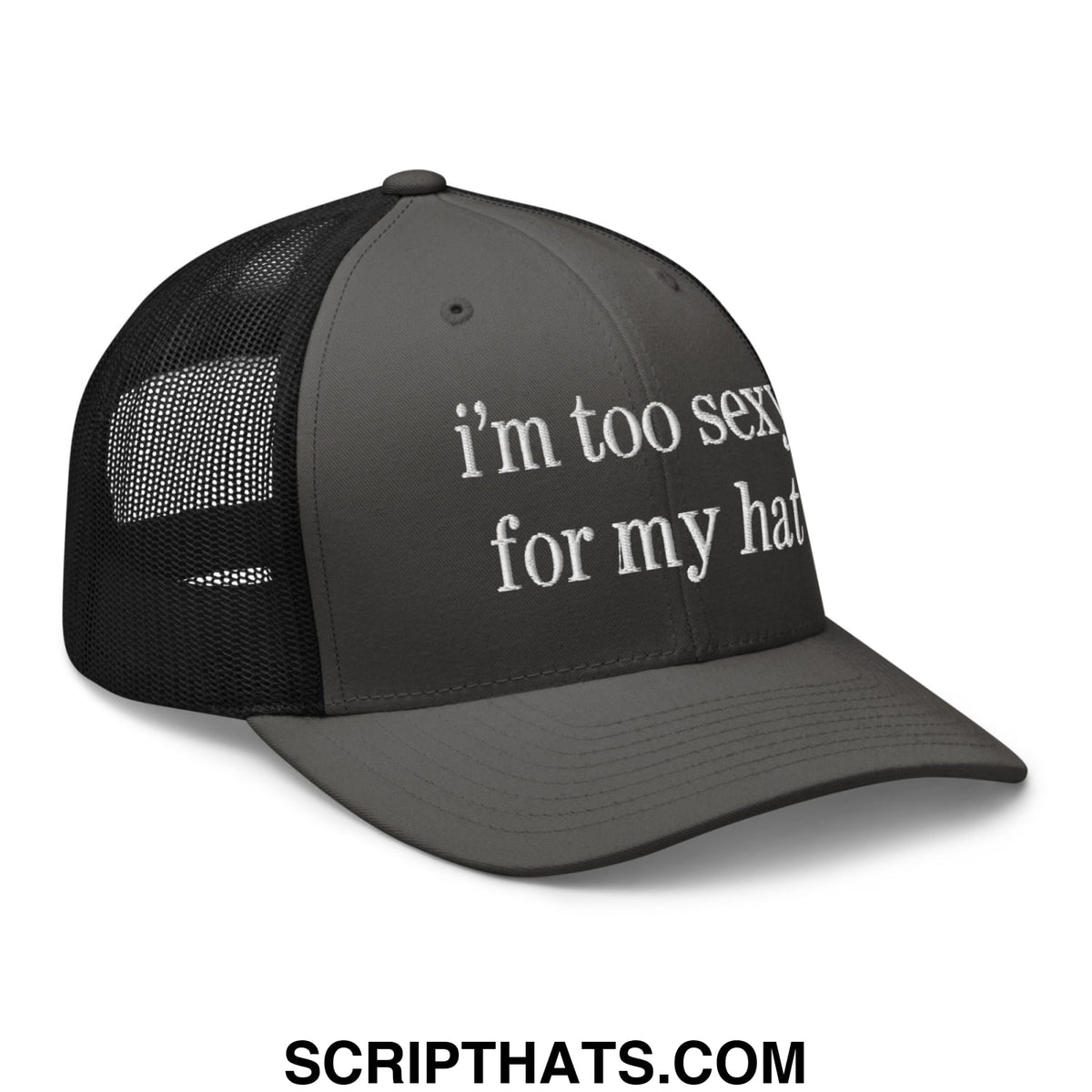 Black mesh trucker hat with white embroidered text im too sexy for my hat on front panel for casual wear