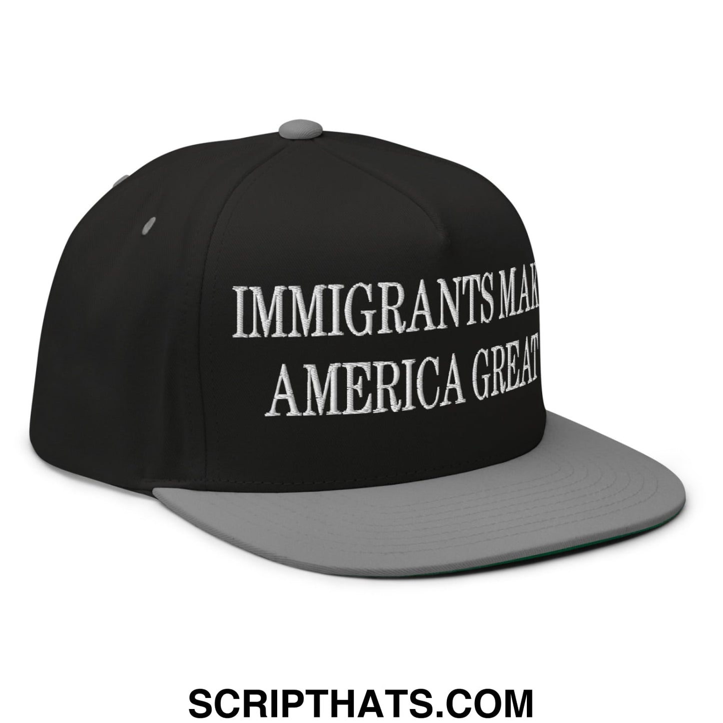 Immigrants Make America Great Embroidered 5 Panel Flat Bill Brim Snapback Hat Black Grey