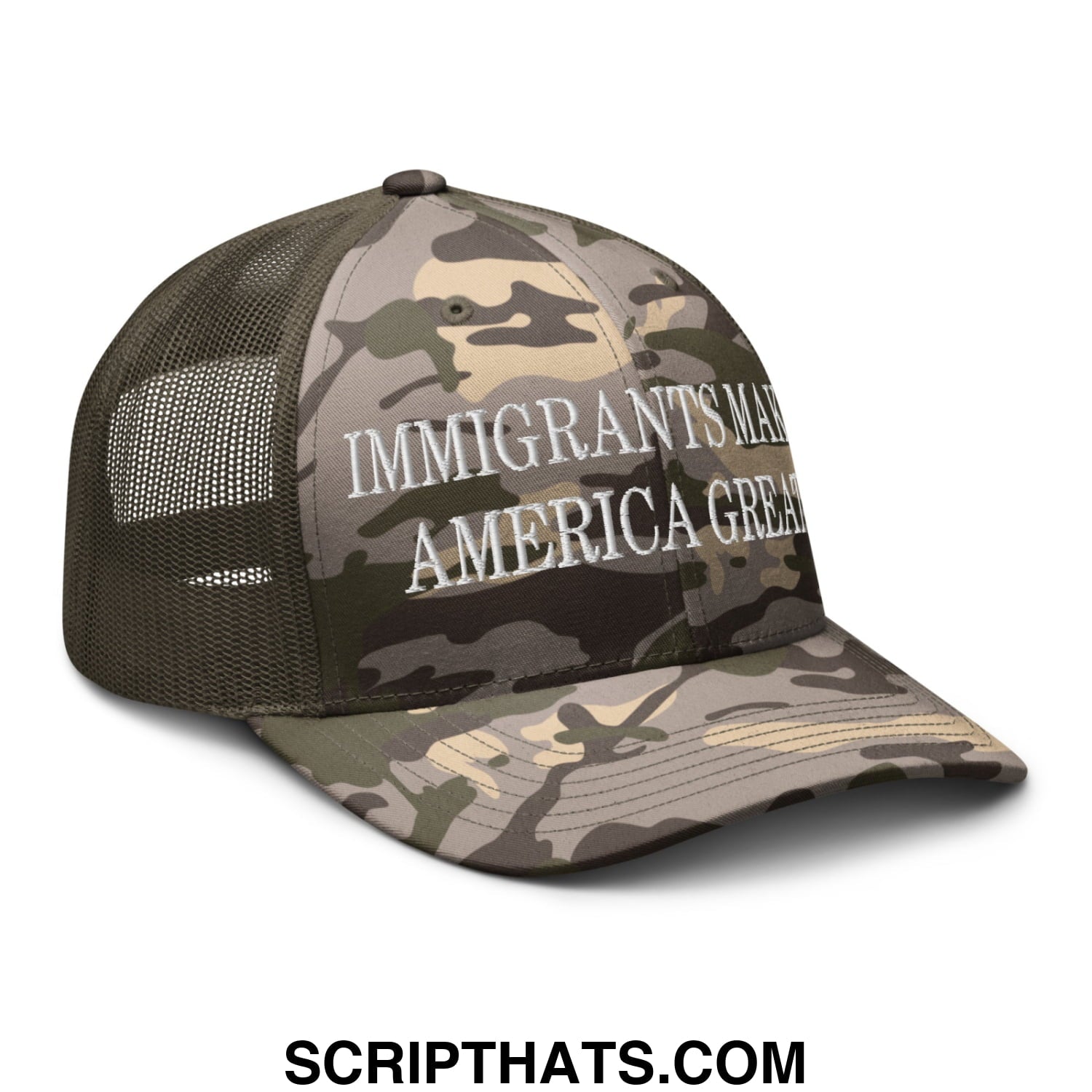 Immigrants Make America Great Embroidered Camo Mesh Trucker Hat Camo Olive