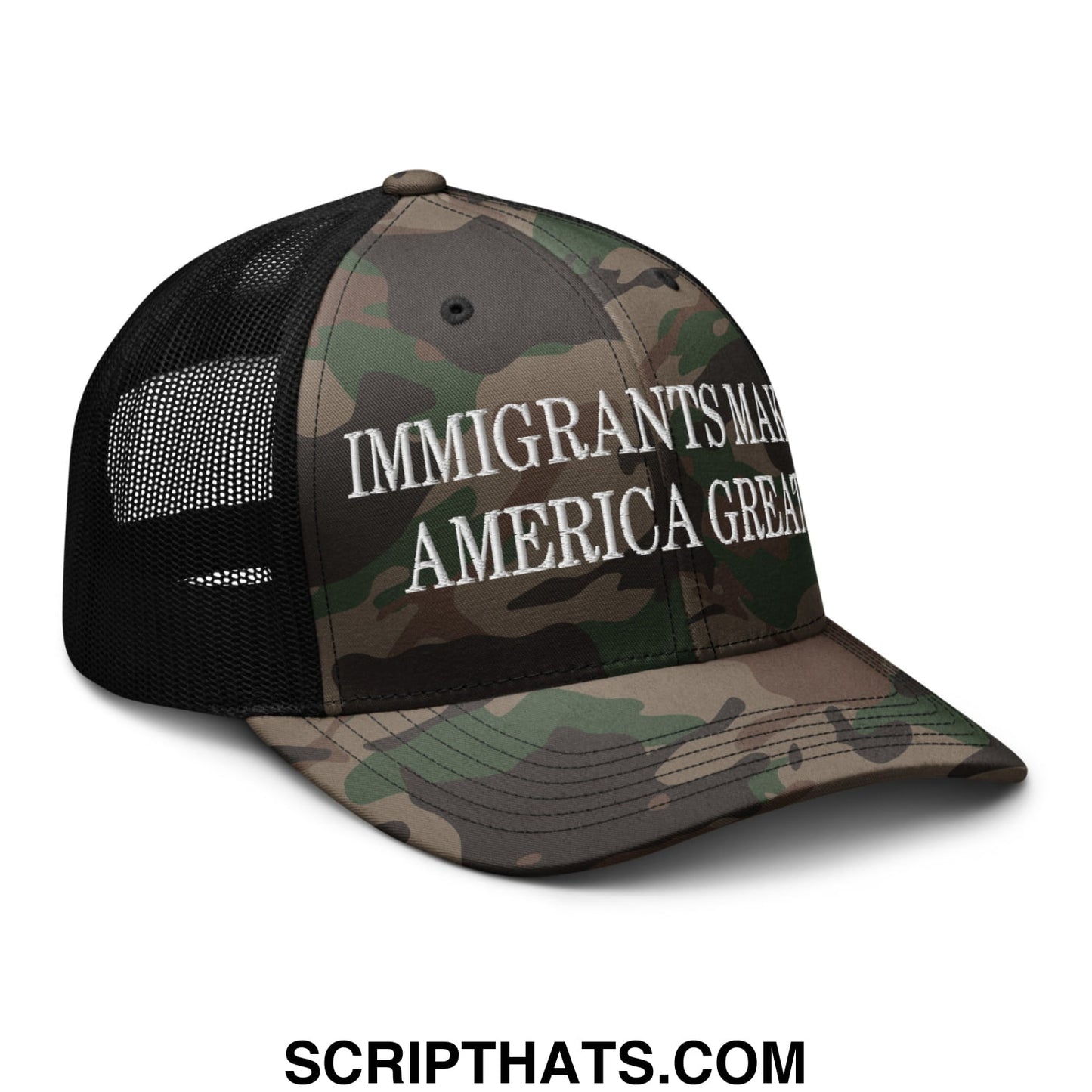 Immigrants Make America Great Embroidered Camo Mesh Trucker Hat Camo Black