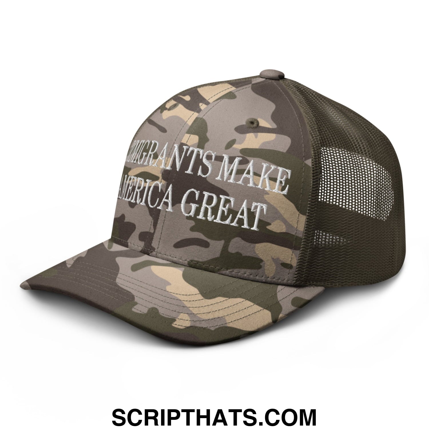 Immigrants Make America Great Embroidered Camo Mesh Trucker Hat Camo Olive