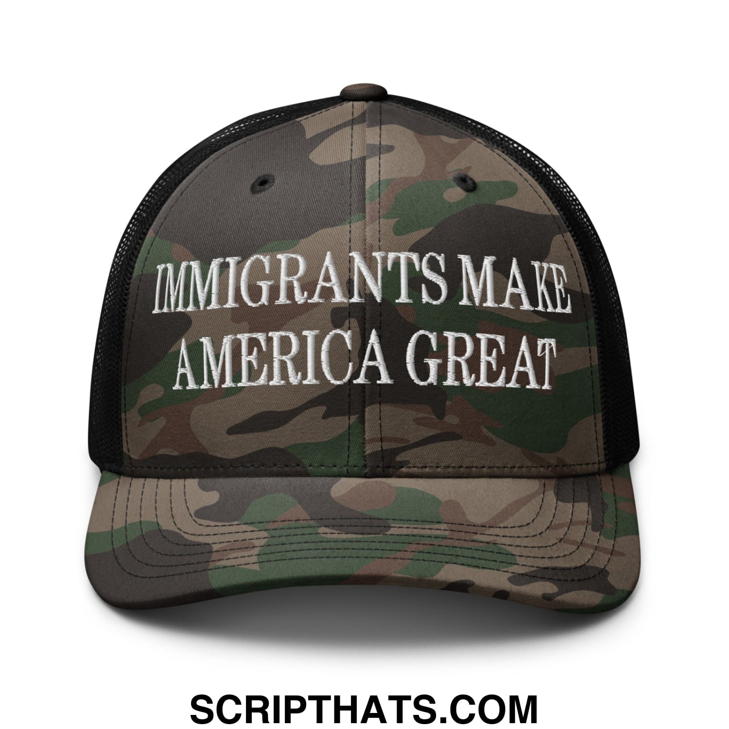 Immigrants Make America Great Embroidered Camo Mesh Trucker Hat Camo Black