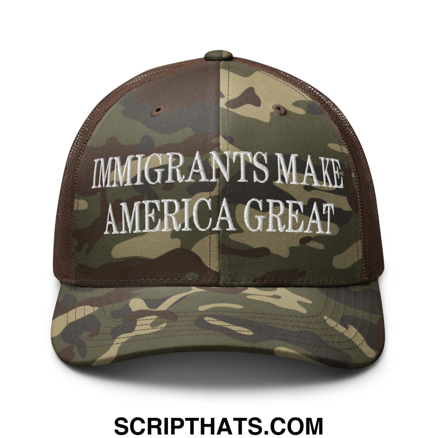 Immigrants Make America Great Embroidered Camo Mesh Trucker Hat Camo Brown