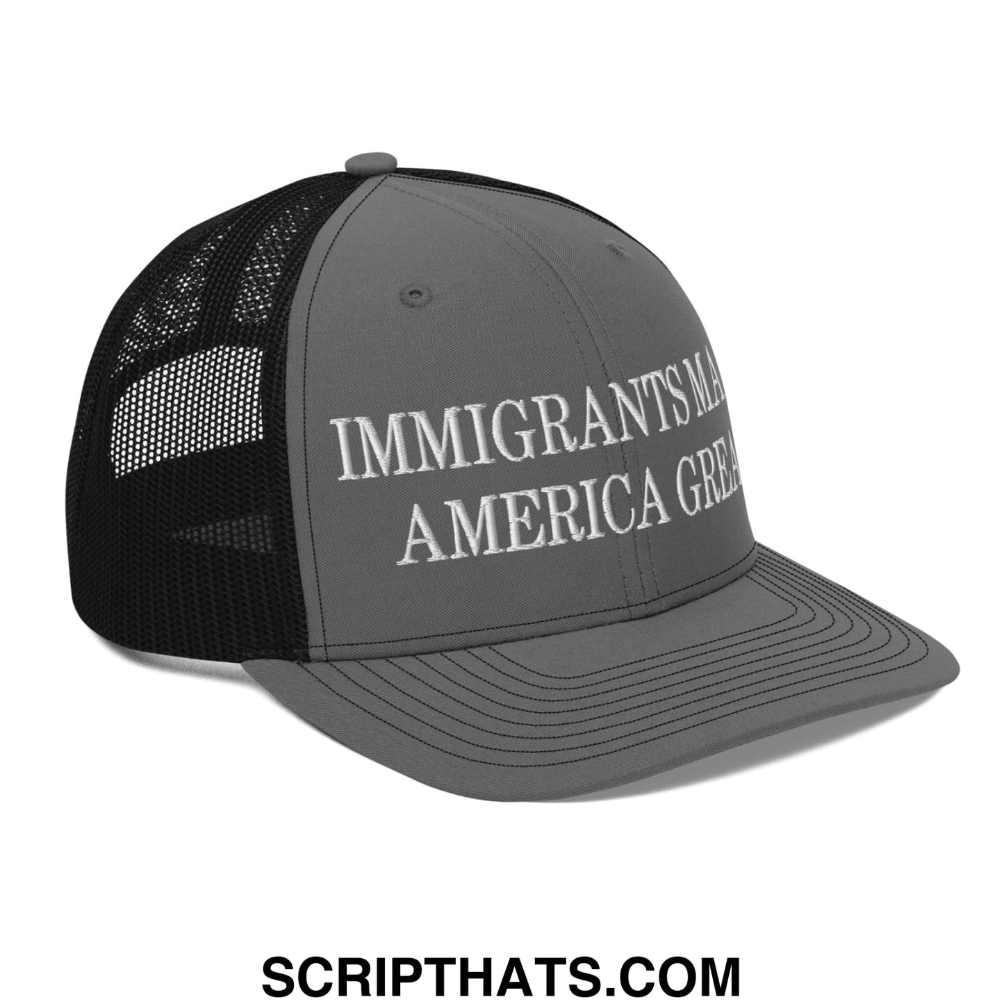 Immigrants Make America Great Embroidered Classic Mesh Trucker Hat Charcoal Black