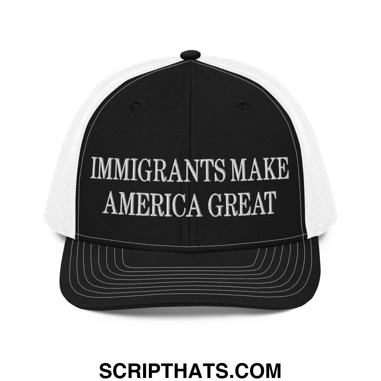 Immigrants Make America Great Embroidered Classic Mesh Trucker Hat Black White