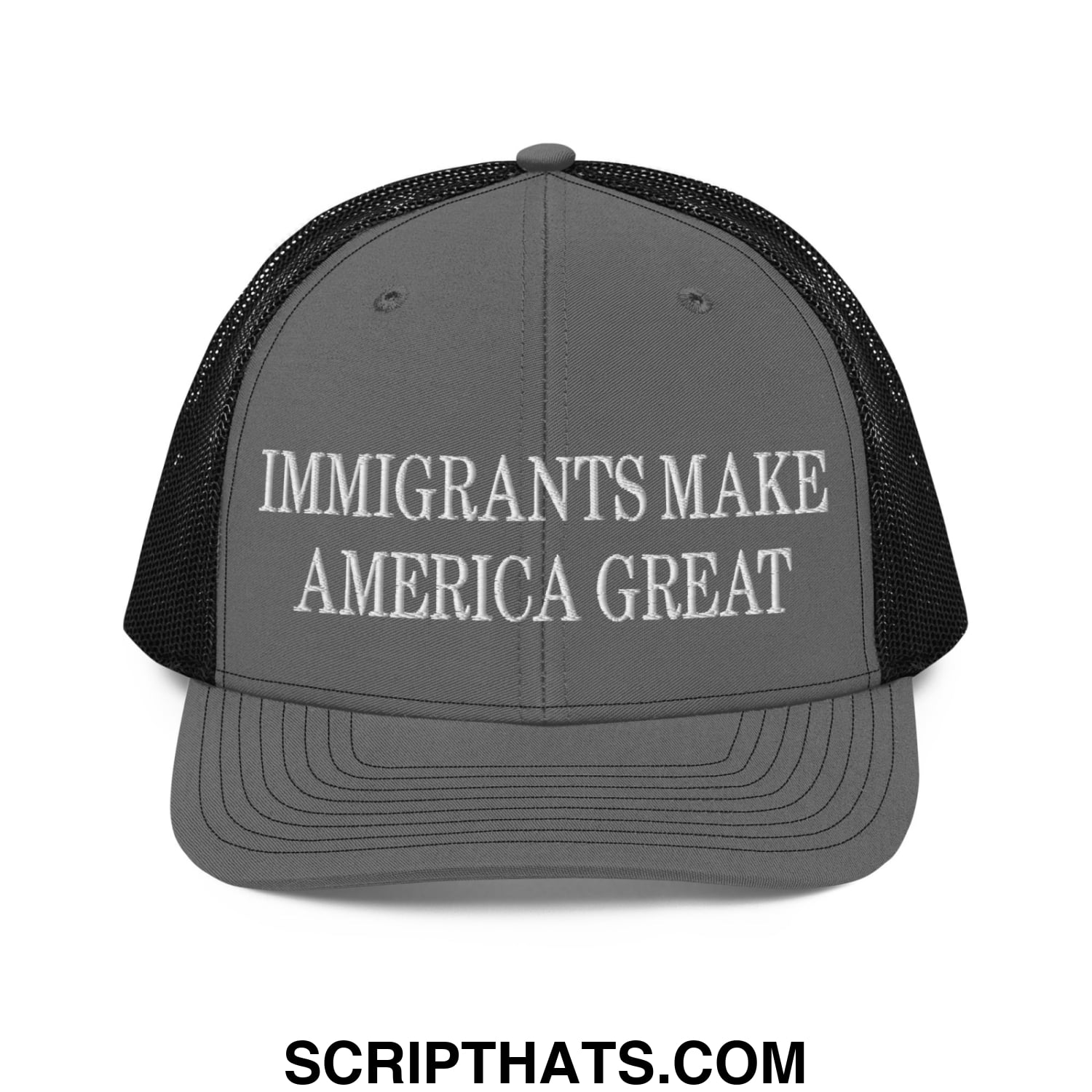 Immigrants Make America Great Embroidered Classic Mesh Trucker Hat Charcoal Black