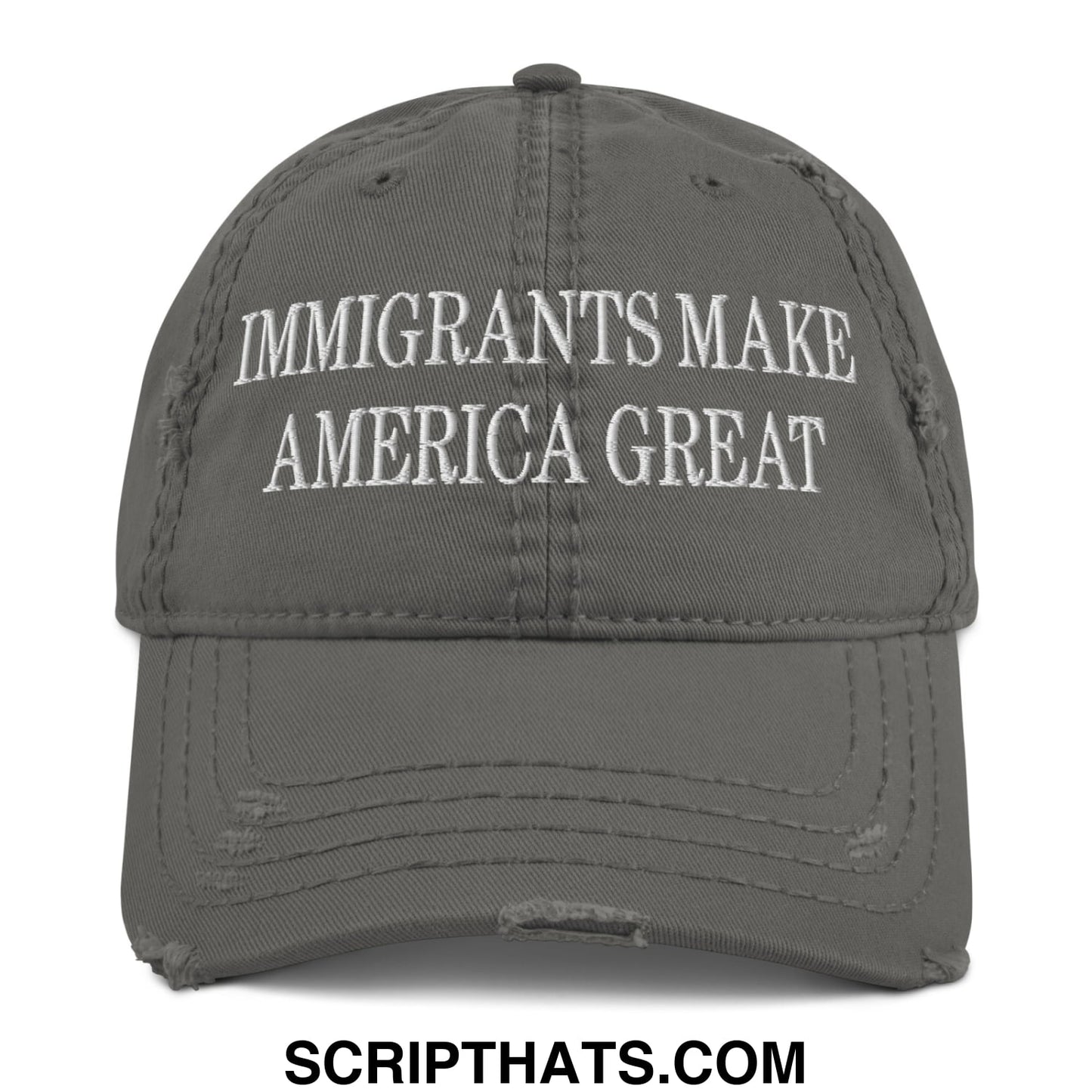 Immigrants Make America Great Embroidered Distressed Dad Hat Charcoal Grey