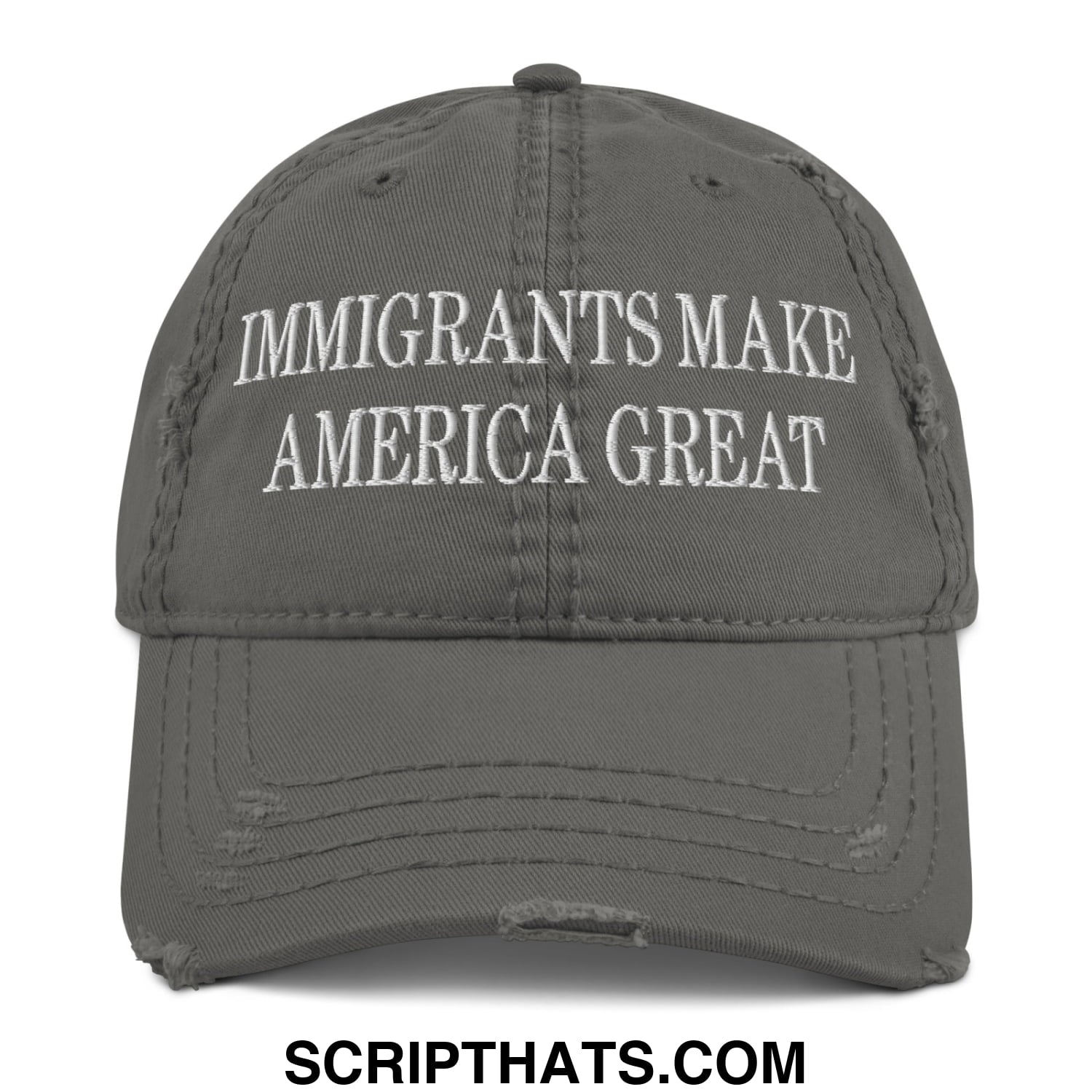 Immigrants Make America Great Embroidered Distressed Dad Hat Charcoal Grey