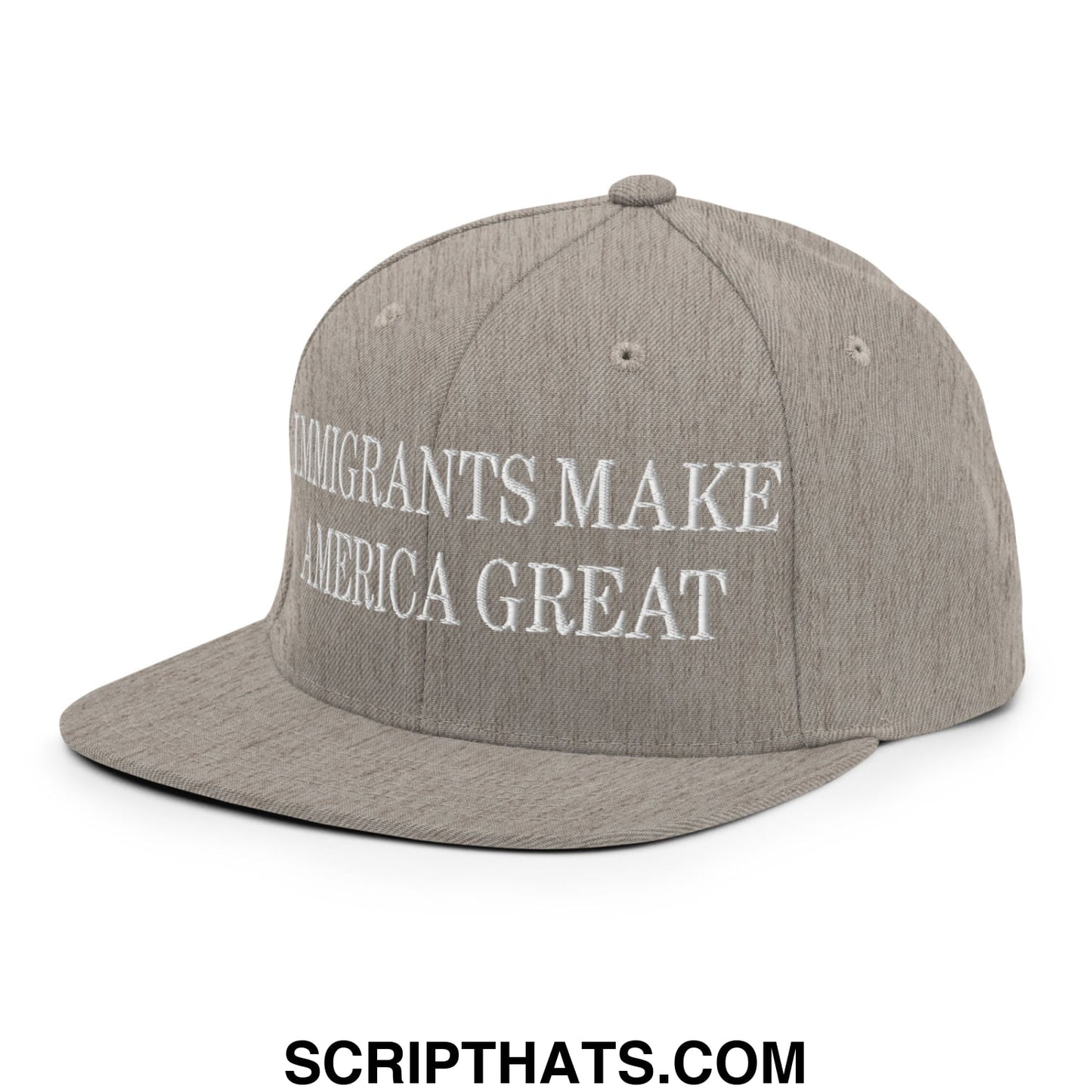 Immigrants Make America Great Embroidered Flat Bill Brim Snapback Hat Heather Grey