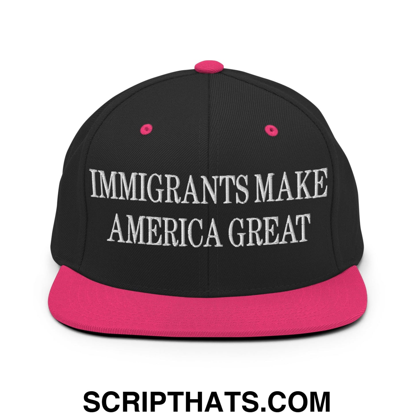 Immigrants Make America Great Embroidered Flat Bill Brim Snapback Hat Black Neon Pink