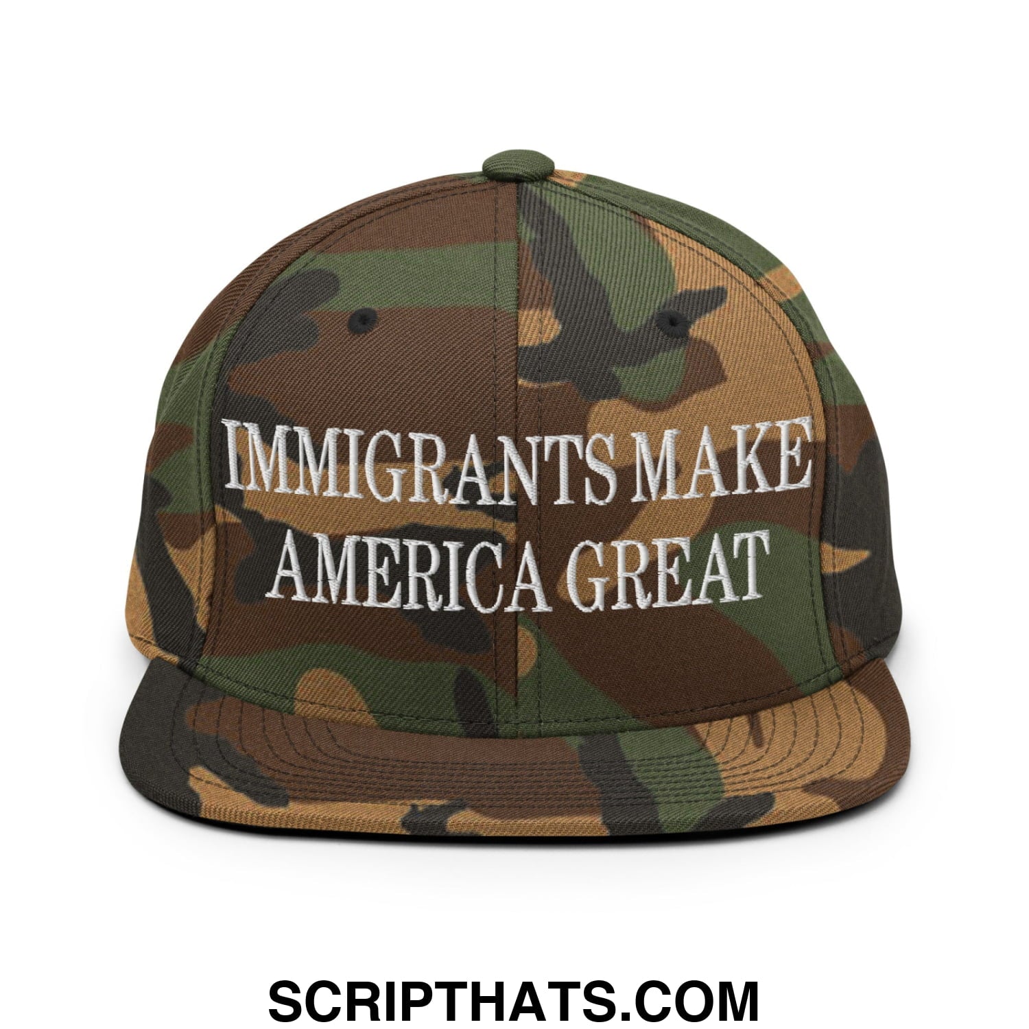 Immigrants Make America Great Embroidered Flat Bill Brim Snapback Hat Green Camo