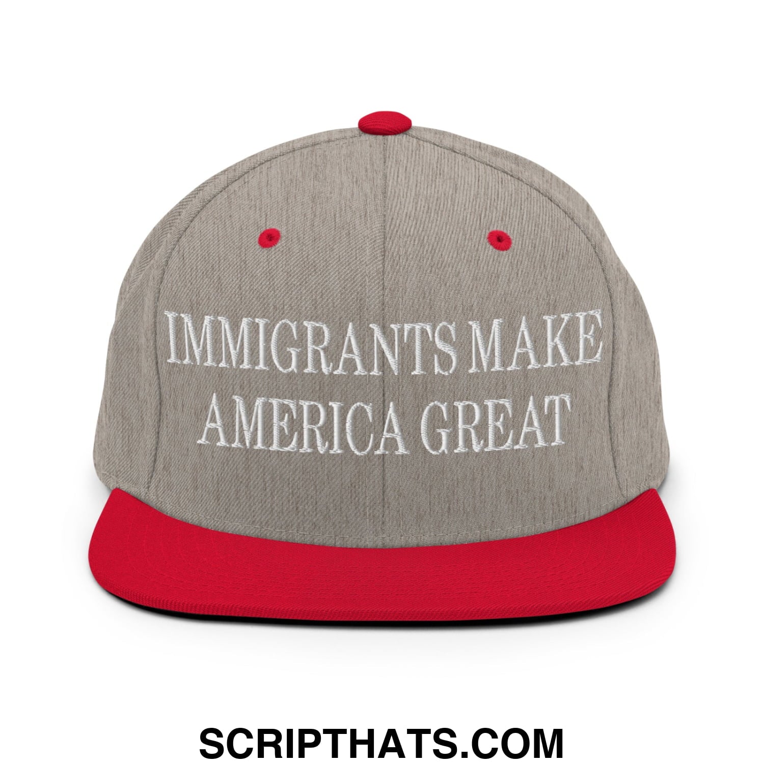 Immigrants Make America Great Embroidered Flat Bill Brim Snapback Hat Heather Grey Red