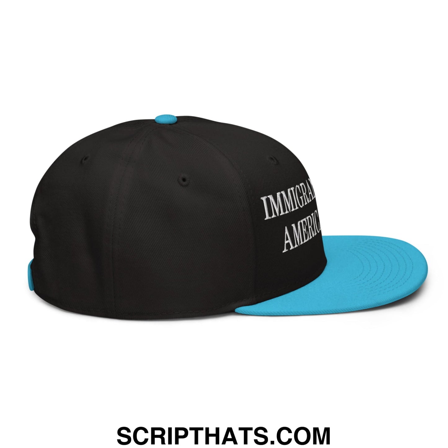 Black and turquoise snapback hat with white embroidered text immigrant america on the side from immigrants make america great collection
